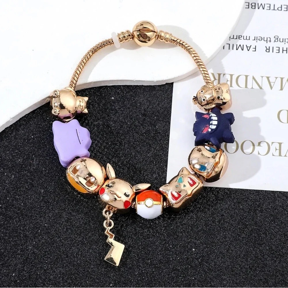 Gold Plated Pokemon Themed Charm Bracelet Adjustable Sizing Design - Picture 2 of 8